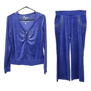 Blue Velour Rhinestone Tracksuit Set L Hoodie Joggers Y2K Juicy Era Coquette Mal
